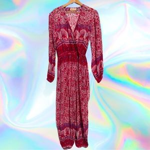 VTG Red Floral Long Sleeve Sheer Beach Coverup Jumpsuit